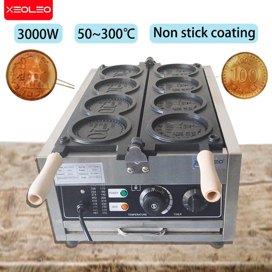 XEOLEO Commerical 4PCS Korean Coin Waffle Maker 3000W Non-stick Coating Gold Coin Bread Waffle Making Maker Electric/Gas.