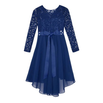 Elegantes Spitzen-Partykleid für Kinder, Mädchen, Chiffon, Spleißen, langärmelig, Kleid mit hohem und niedrigem Saum und Strass-Schärpe für Hochzeit, Geburtstag