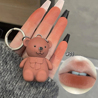 Cute Bear Keychain Matte Velvet Lip Gloss Mirror Brown Lipstick Waterproof Long Lasting Non-Stick Cup Lip Mud Korean Cosmetic