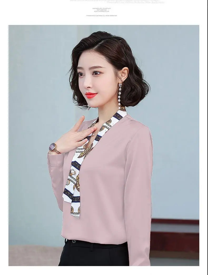 Women's fashionable streamer tops fashionable and elegant small fragrance style covering the belly satin shirt.