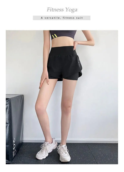 Women Yoga Pocket Shorts Fake Two Piece Anti Peek Shorts High Elastic Loose Fashion Casual Gym Trainning Three Point Pants.