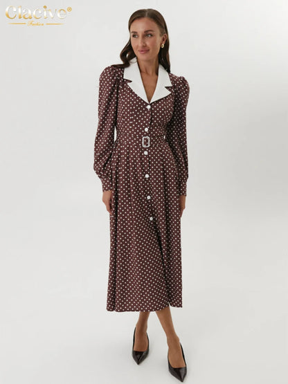 Clacive Mode Lose Druck Frauen Kleid 2025, Casual Revers Langarm Büro Dame Midi Kleider Elegante Klassische Gürtel Weibliche Kleid