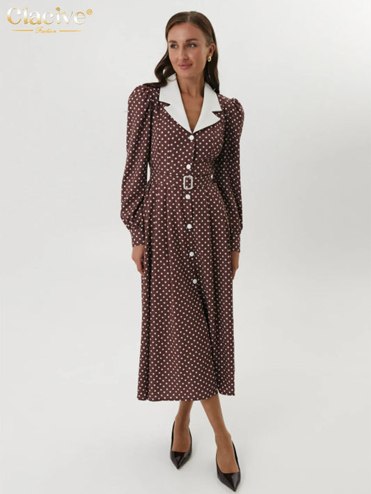 Clacive Mode Lose Druck Frauen Kleid 2025, Casual Revers Langarm Büro Dame Midi Kleider Elegante Klassische Gürtel Weibliche Kleid