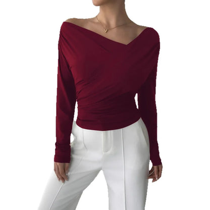 2025 Autumn Winter 2025 Solid-color Fashion Tops for Women Long Sleeve Blouses One-shoulder Collar Slimming Shirts Office Lady.
