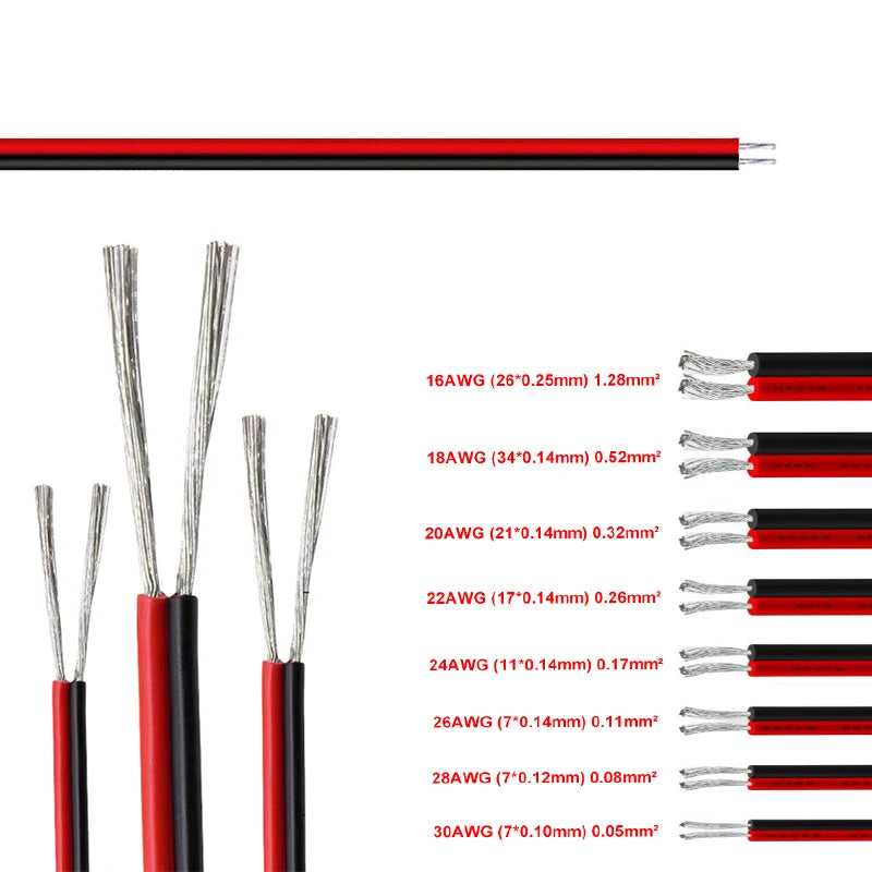 2-pin red and black PVC or silicone extension cable 28awg 26awg 24awg 22awg 20awg 18awg 16awg Tinned copper domestic wire.