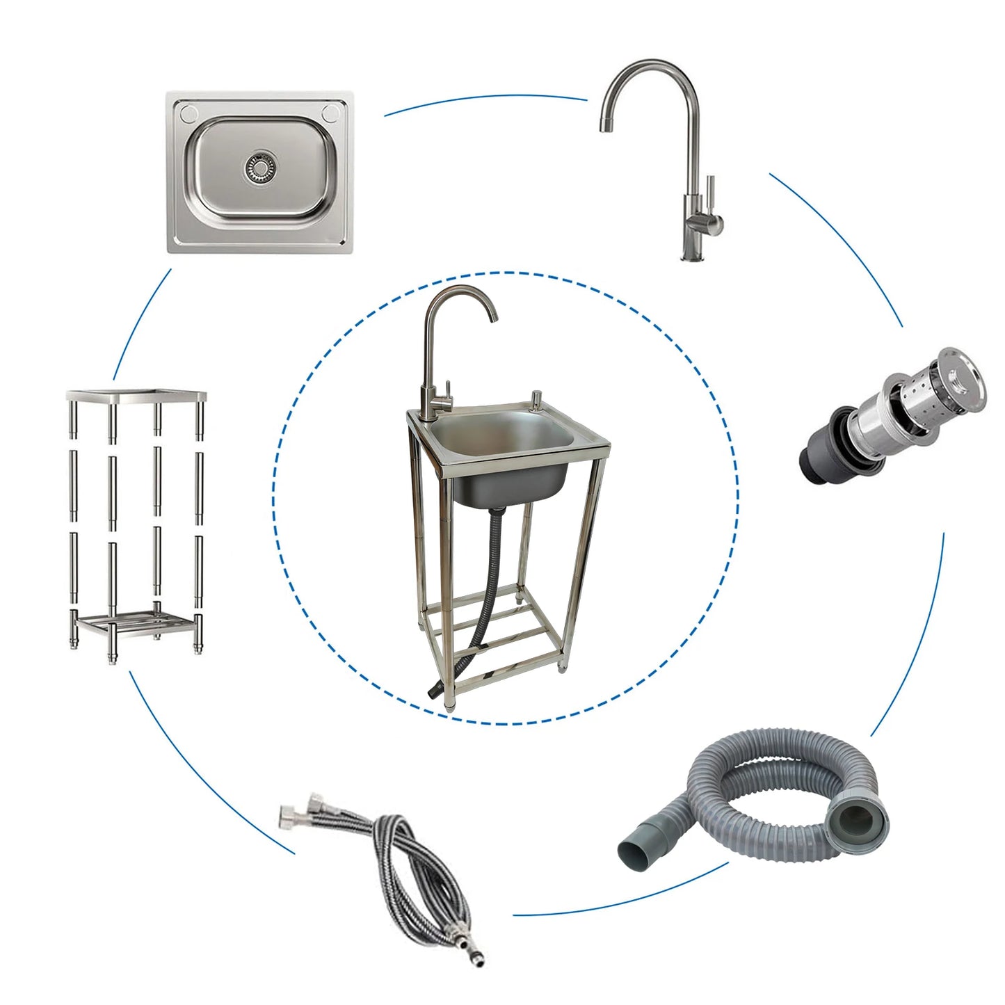 Freistehendes Edelstahl-Waschbecken, Außenspüle, Einzelschüssel, tragbares Outdoor-Camping-Waschbecken mit Abfluss und Warm- und Kaltwasserhahn