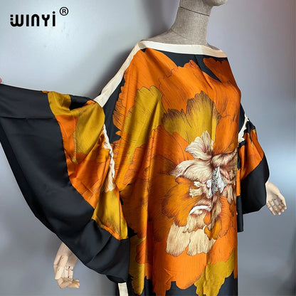 WINYI summer puff(ed) sleeves evening dress abaya dubai luxury  Female loose Print kaftan muslim woman clothing beach dress.