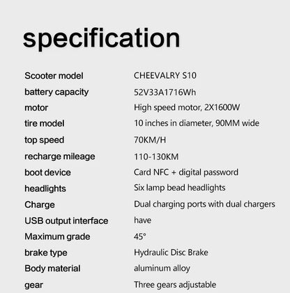 Cheevalry S10 Electric Scooter 2*1600W Motor Adult EScooter 52V 33AH Battery E-Scooter 10 Inch Tire City Commuter EScooter.