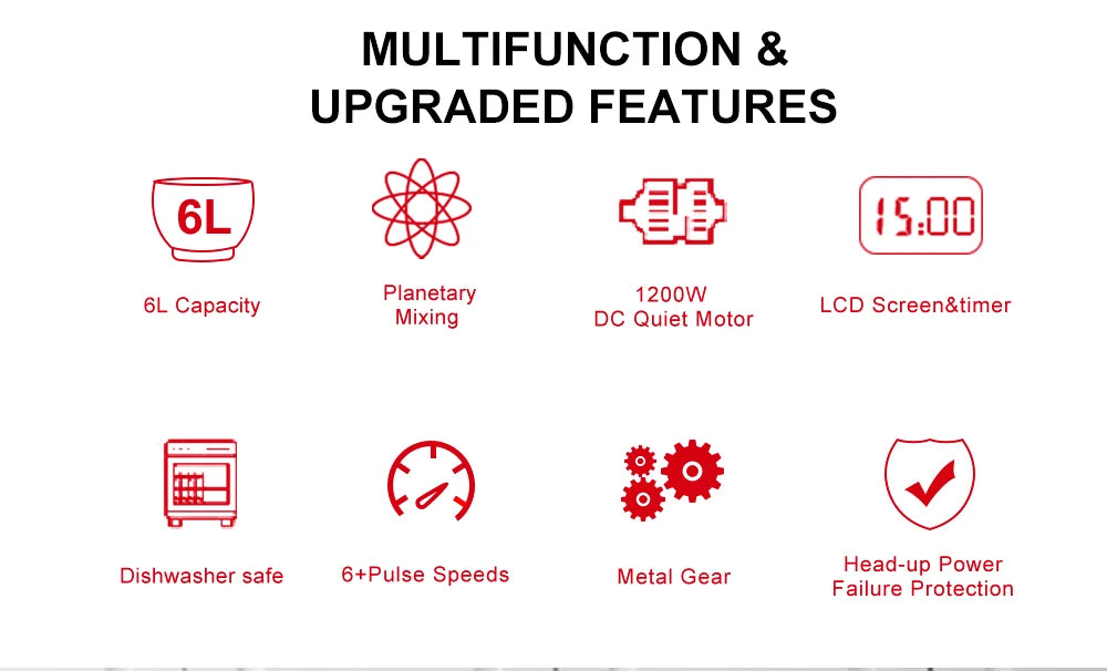 BioloMix Kitchen Food Stand Mixer, Blender, Quiet Motor, Cream Egg Whisk, Whip Dough Kneader, 6-Speed, 1200 W, 6 L, DC.