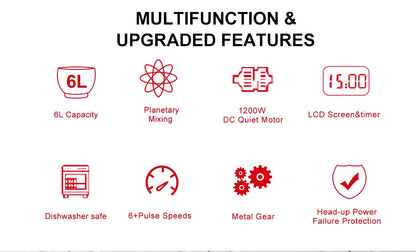BioloMix Kitchen Food Stand Mixer, Blender, Quiet Motor, Cream Egg Whisk, Whip Dough Kneader, 6-Speed, 1200 W, 6 L, DC.