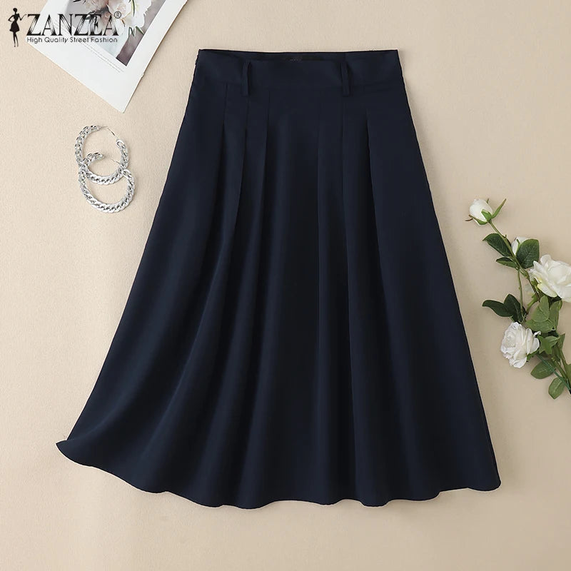 ZANZEA Summer Solid Midi Skirt Elegant Women High Waist Work OL Skirts Fashion A-line Jupes Stylish Party Faldas Saia  Plus Size.