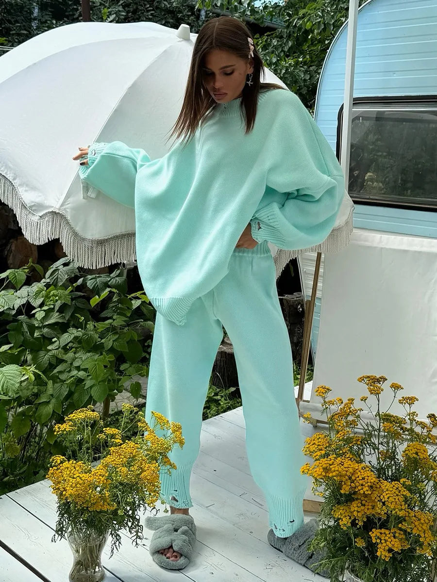 Bornladies Autumn Winter Women's New Turtleneck Knit Sweater Skinny Knit Pants Set Soft Oversized Ripped Hem Fashion Pullover