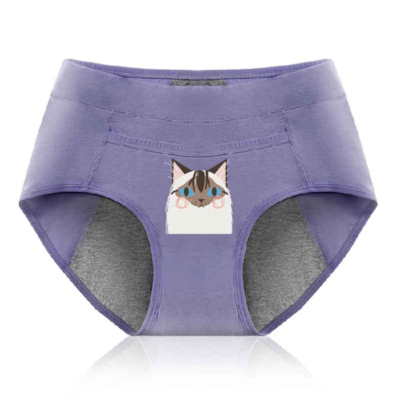 Cotton Menstrual Panties Leak Proof Breathable Cartoon cat Panties Woman Women Girls Physiological Pants Women's Intimates M-XL