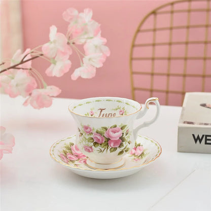 Coffee Cup and Saucer Set Month Flower Mug Bone China Drinking Set Ceramic Cup and Saucer Home Teacup Dessert Saucer Gifts
