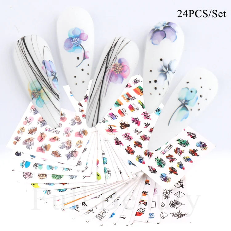1Set Watercolor Xmas Flower Sticker Nail Decal Set Flamingo Letter Design Gel Manicure Decor Water Slider Foil CHSTZ683-706-1.