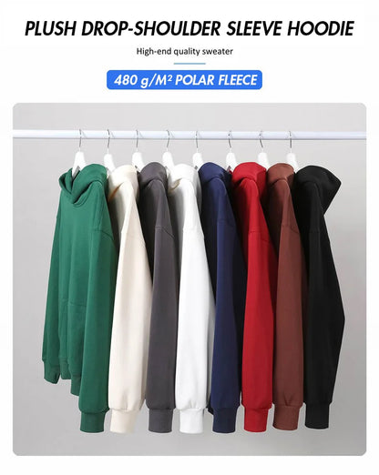 16.9oz 480gsm Heavy Weight Cotton Plus Velvet Hooded Sweater Men Thickened Tight Polar Fleece Pullover Hoodie Women Sweatshirt.