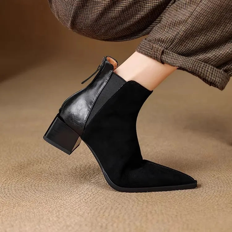 Autumn Winter Women Thick Heel Ankle Boots Elegant Back Zippers Shoes Modern Leather Suede Splicing Short Botas Para Mujer.