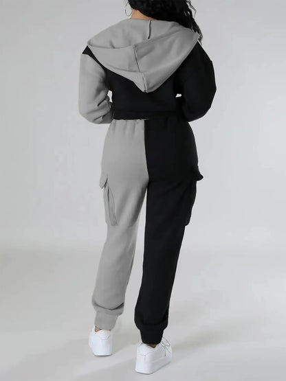 Women Loose Autumn Winter Two Pieces Suit Matching Sets Hoodie Tracksuit Blocked Zipper Short Outerwear Drawstring Cargo Pants.