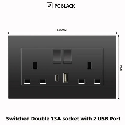 Schwarze UK 13A Wandsteckdose mit USB Typ C 18W Schnelllade-Steckdose, Wandsteckdose mit USB-Ladegerät, Schalter mit Steckdose