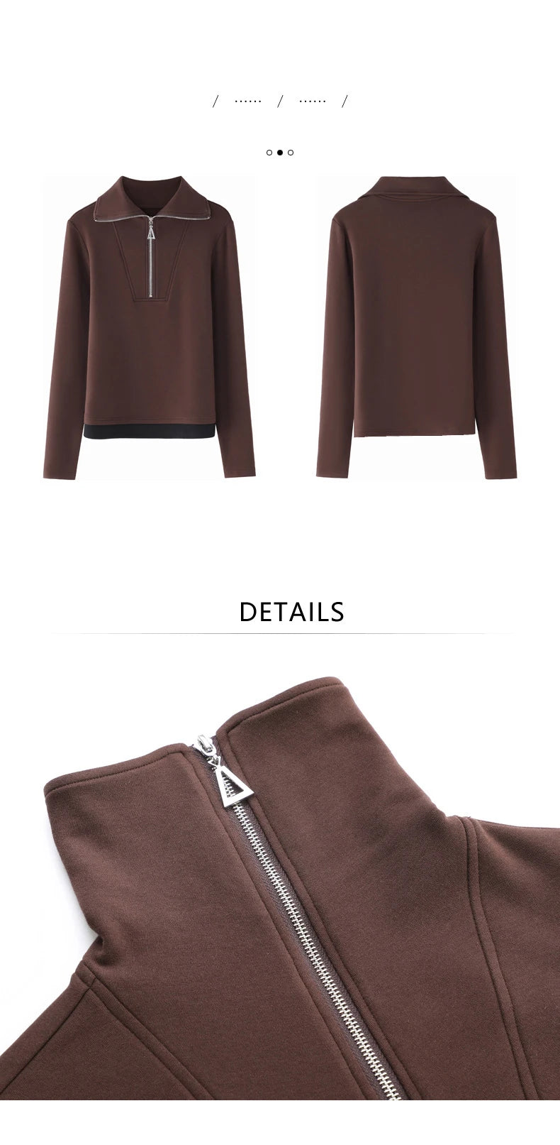 Fake two long sleeved T-shirts for women in autumn and winter, new fashionable plus size color blocked warm zipper lapel top.