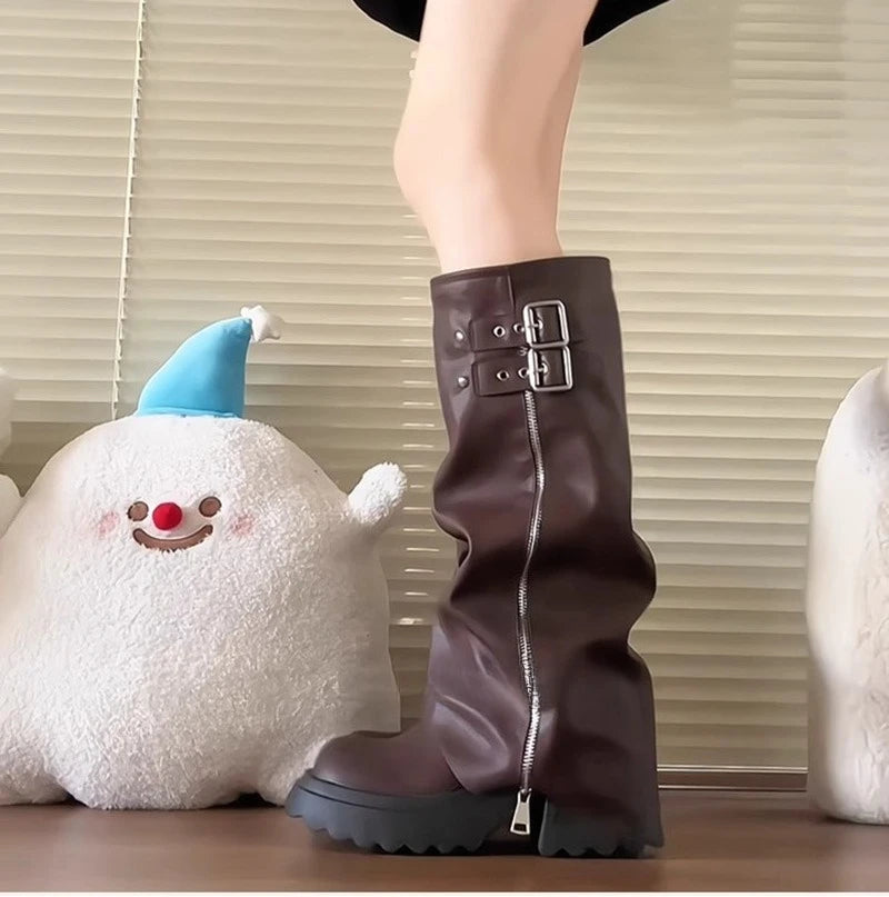 Punk Style Splicing Thick Bottom Women Knee-High Boots Fashion Zipper Female Pleated Knight Long Booties Shoes.