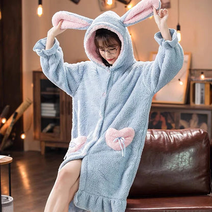 Winter Flannel Pajamas Set For Women Animal Thick Warm Sleepwear Hooded Nightgown With Pants Loose Pyjamas Suit Homewear Clothes.