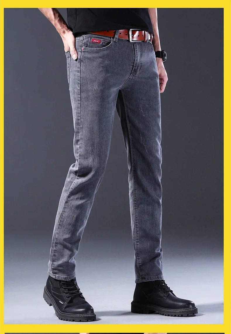 Frühling Herbst Xintang Denim Jeans Herren Slim Fit Casual Trendy Modische Alltagskleidung Blau Gerade Bein Hosen Elastische Taille.