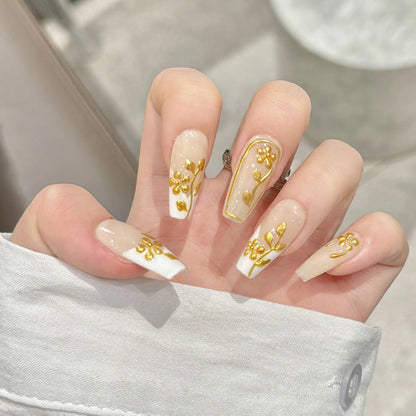 10pcs Handmade Autumn Press On Nails Mid-length Ladder Gold Foil Flower Tips Fake Nail White French Style False Nail For Women.