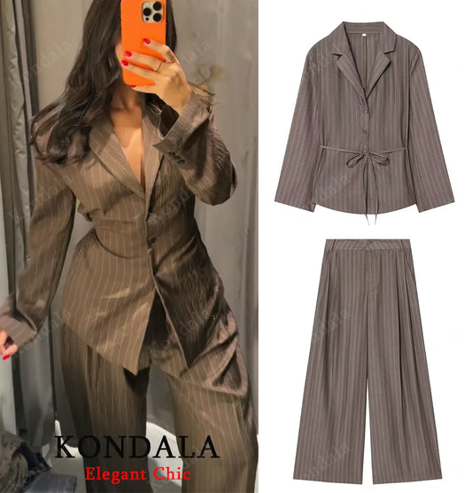KONDALA Women Elegant Striped Blazer Suit Slim Button Blazer or Wide-leg Pants 2025 Spring Fall Fashion Mujer Commute Pants Set.