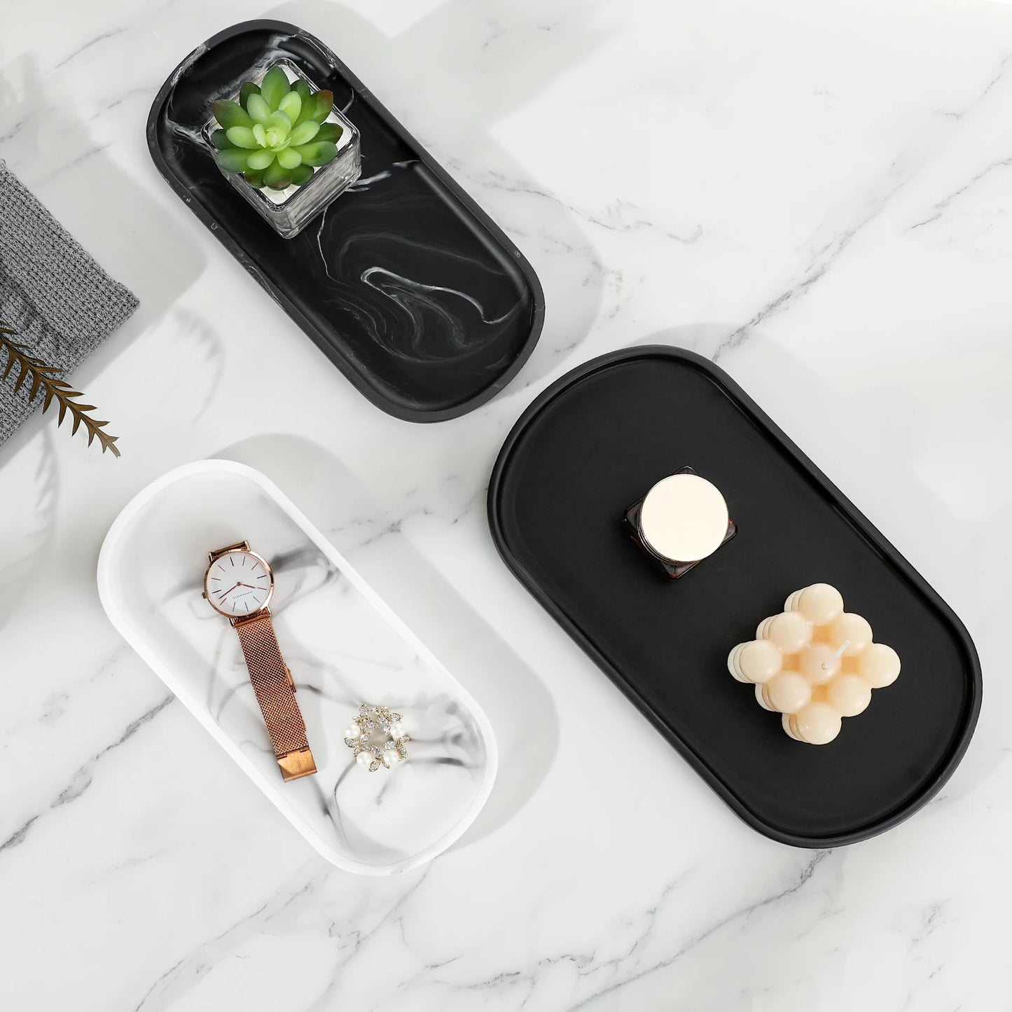 Bathroom Vanity Tray Oval Soap Dispenser Tray 10" Marble Kitchen Counter Trays Resin Bathroom Tray for Counter Toilet Tank Tray.