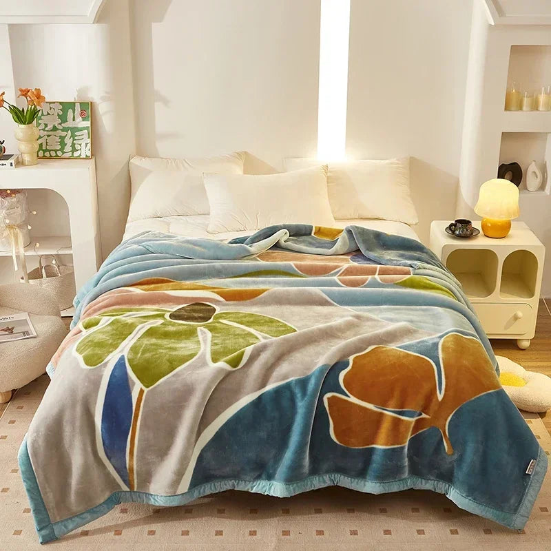 Double Layer Winter Thicken Raschel Plush Weighted Blanket For Bed Warm Heavy Blankets Throw Printed Flowers Fluffy Soft Carpet.