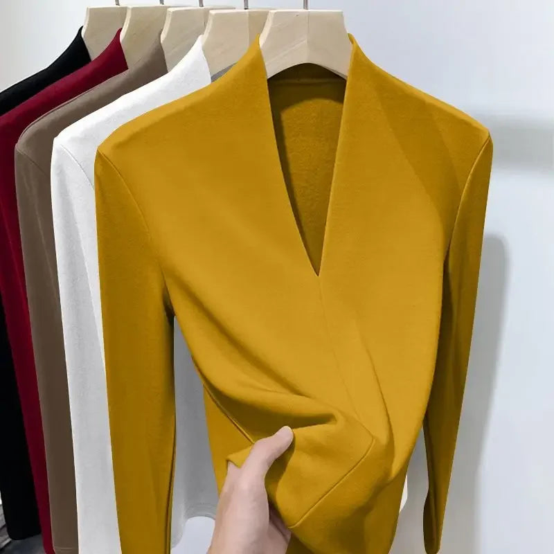Herbst Winter Neue T-Shirts Frauen Solide V-ausschnitt Plus Samt Verdicken Warme Mode Langarm Schlank Pullover Bodenbildung Shirt Tops
