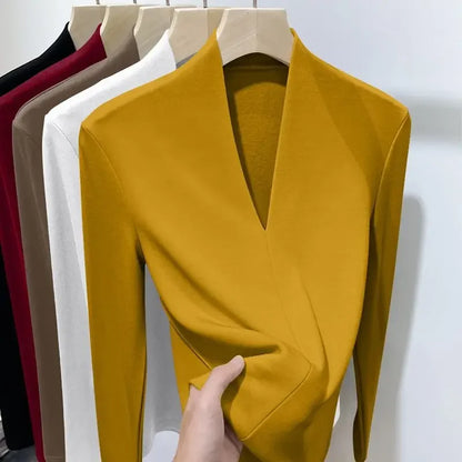 Herbst Winter Neue T-Shirts Frauen Solide V-ausschnitt Plus Samt Verdicken Warme Mode Langarm Schlank Pullover Bodenbildung Shirt Tops