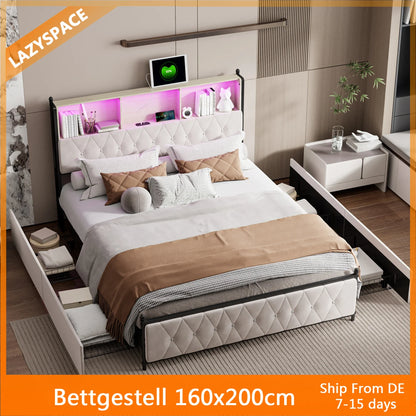 Lazyspace Bettgestell 160 x 200 cm, gepolstertes Bett mit Schubladen und 2 Ladeanschlüssen, Doppelbett mit LED-Kopfteil, ohne Matratze