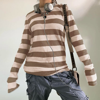 Women Fairy Grunge Knit Basic Shirt Autumn Y2K Grey Black Striped Long Sleeve Round Neck Tops Emo Tee.