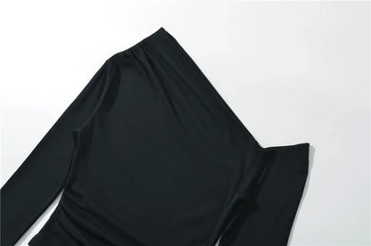 Slim Fit Long Sleeve T-Shirt Irregular Hem Slant Collar Pleated Pure Desirable Sexy Top for Women Fashionable Autumn New Style.