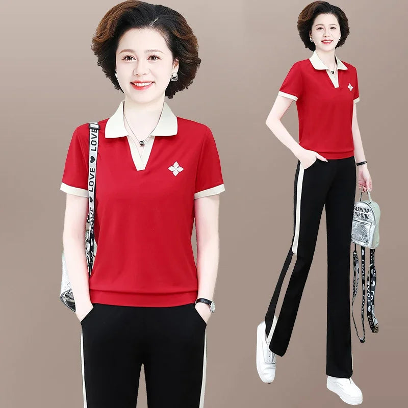 Casual Breathable Short Sleeve Sportswear Set for Middle-Aged Mothers Fashionable Summer Clothing Grandmother Style.