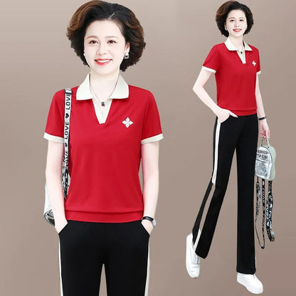 Casual Breathable Short Sleeve Sportswear Set for Middle-Aged Mothers Fashionable Summer Clothing Grandmother Style.