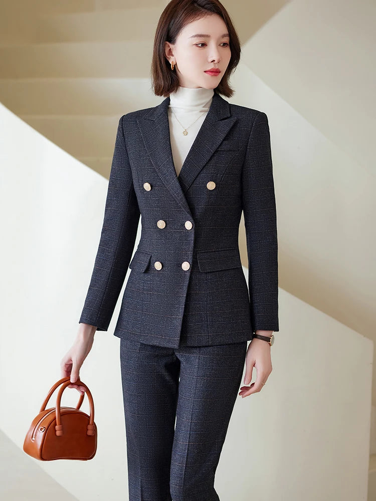 Autumn Winter Red Coffee Blue Black Ladies Pant Suit Women Female Business Work Wear Plaid Jacket and Trouser Blazer 2 Piece Set.