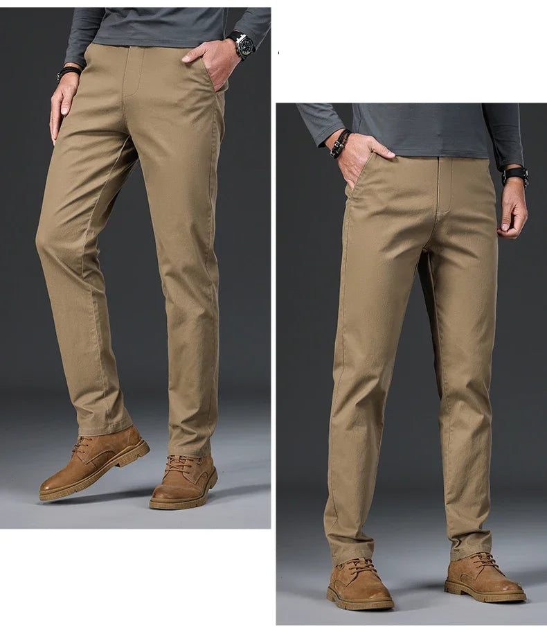 97% Cotton Men's Casual Pants Autumn Fashion Comfortable Elastic Slim Straight Business Trousers Black ArmyGreen Khaki.