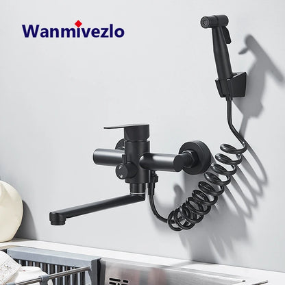 Kitchen Faucets Stainless Steel Wall Mounted Dual Hole Bathroom 360 Rotate Basin Faucet Cold Hot Water Mixer Taps With spray gun