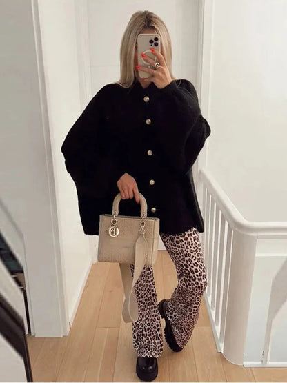 TRAF Women's Bat Sleeve Cardigan Sweater Temperament Lapel Metal Button Decoration Fashion Jacket Casual Commuter Women's Tops