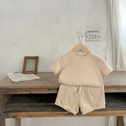 Korean Version Summer Kids Baby Girls Boys Short Sleeve Striped Top Tees +shorts Pants Infant Cute Pure Cotton Clothing Set