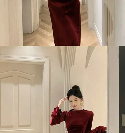 Internet Celebrity High-End-Samtkleid Leichtes, temperamentvolles, hoch tailliertes, schlankes, burgunderrotes Fischschwanzkleid.