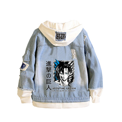 Anime Attack on Titan Unisex Streetwear Long Hooded Jeans Jacket Guilty Crown Death Note Harajuku Denim Patchwork Hoodies Coat.