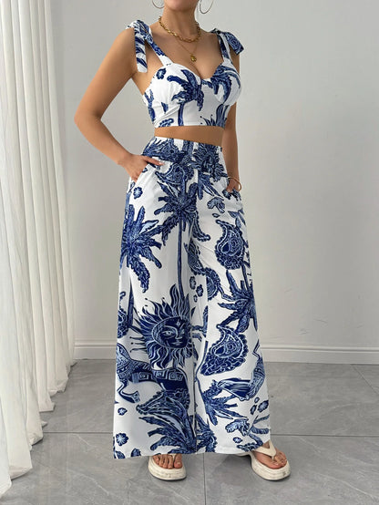 Two Piece Sets Women Pant Print Sling Tops High Waist Wide Leg Pants Drawstring Matching Sets Casual Backless Tops Summer 2025
