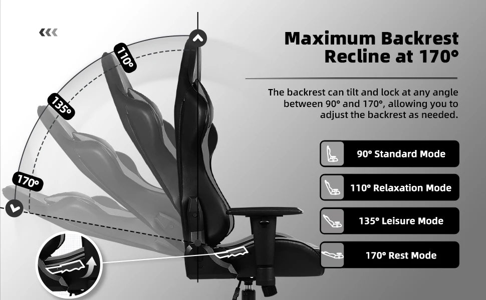 AUTHMIC Ergonomischer Gaming-Stuhl, Büro-Liegestuhl mit Lordosenstütze, verstellbare Armlehne, 150 kg Belastung für Heimarbeit, Gamer-Setup