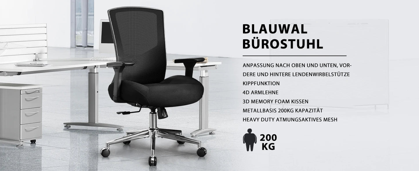 Bürostuhl 200 kg Ergonomischer Schreibtischstuhl mit 4D-Armlehnen, Bürostuhl mit Lendenwirbelstütze und 3D-verstellbarem, Wippfunkti