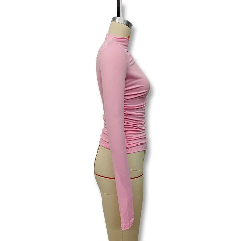 New fashion women's casual slim fit pleated high neck long sleeved solid color top t-shirt.