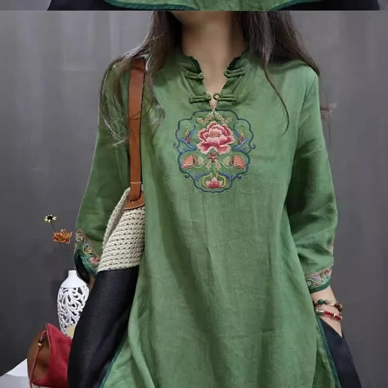 Damen-Bluse im Vintage-Stil aus Baumwolle und Leinen, mittellang, siebte Ärmel, Stickerei, ethnischer Rock mit lockerer Passform, chinesischer Stil.
